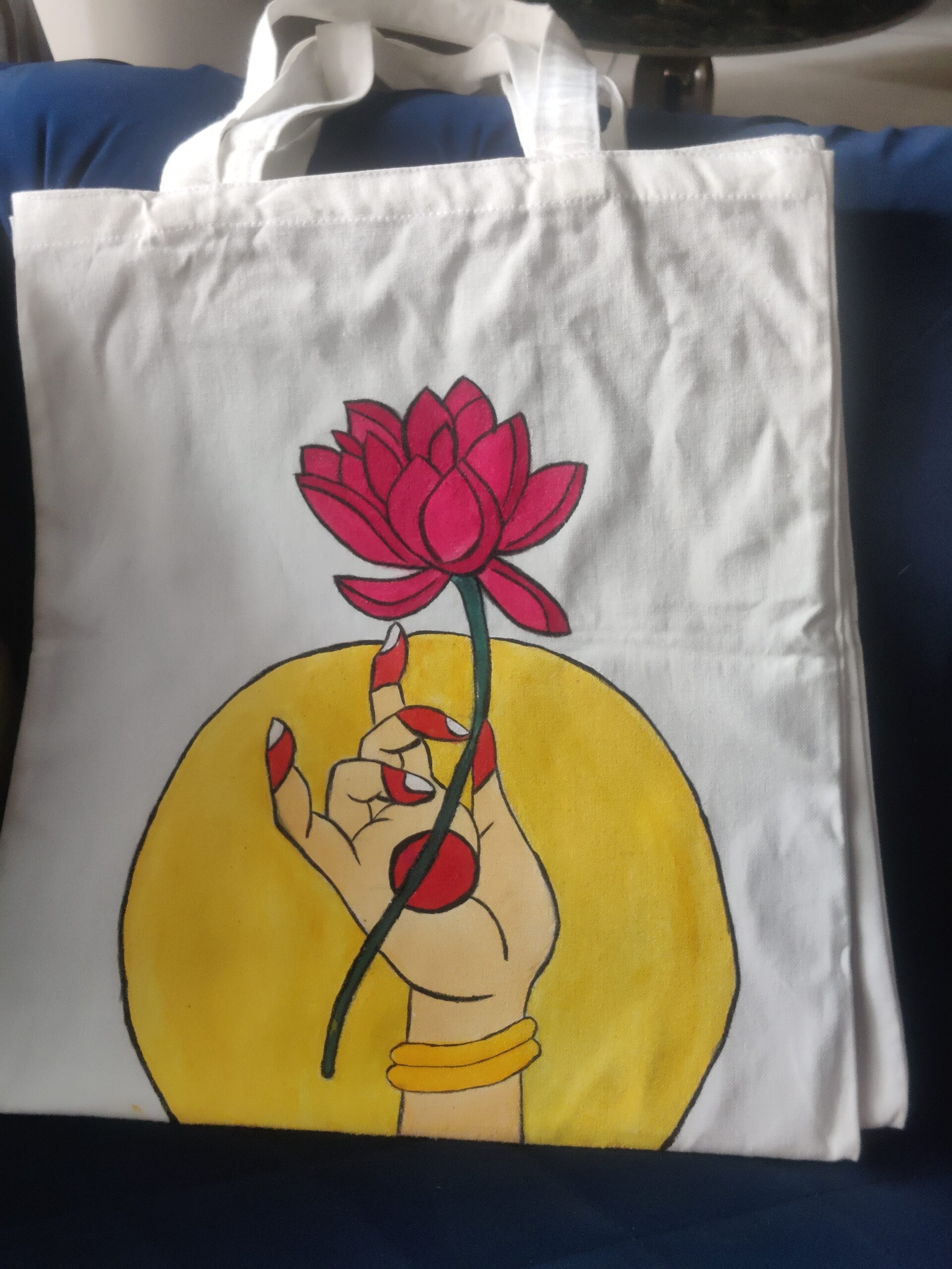 Hand Painted Cotton Tote Bag (Lotus Flower) - Image 3