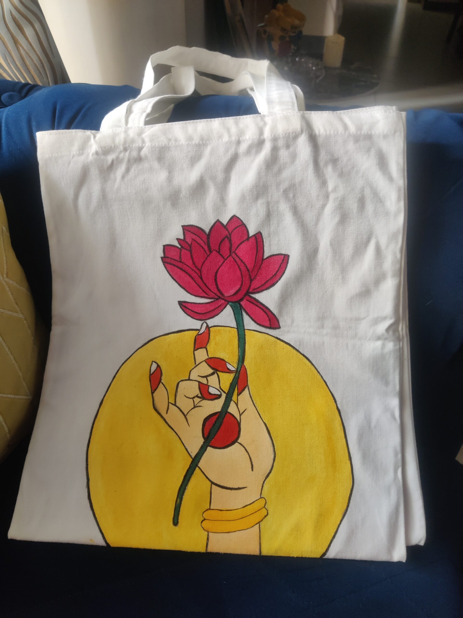 Hand Painted Cotton Tote Bag (Lotus Flower) - Image 2