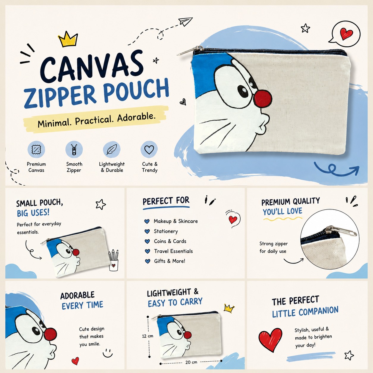 Zipper Pouch Handpainted (Doremon)